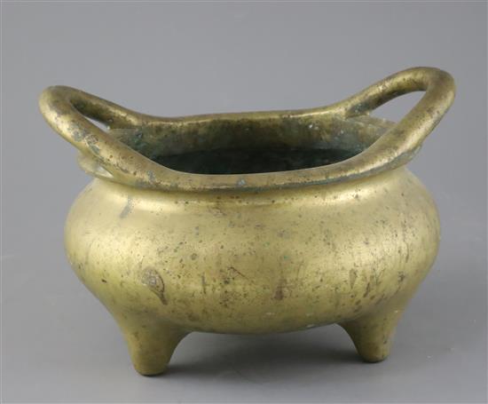 A large Chinese bronze tripod censer, Ding, Xuande four character seal mark, probably 18th / 19th century, W.25.5cm Diam. of rim 21.4cm